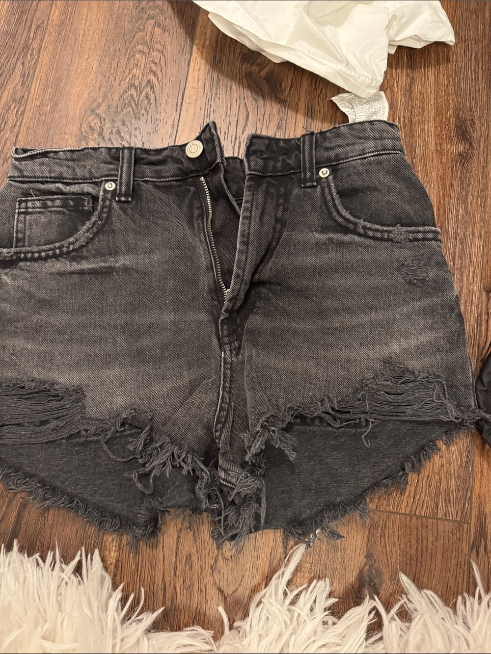 Zara Black Distressed High-Rise Jean Shorts